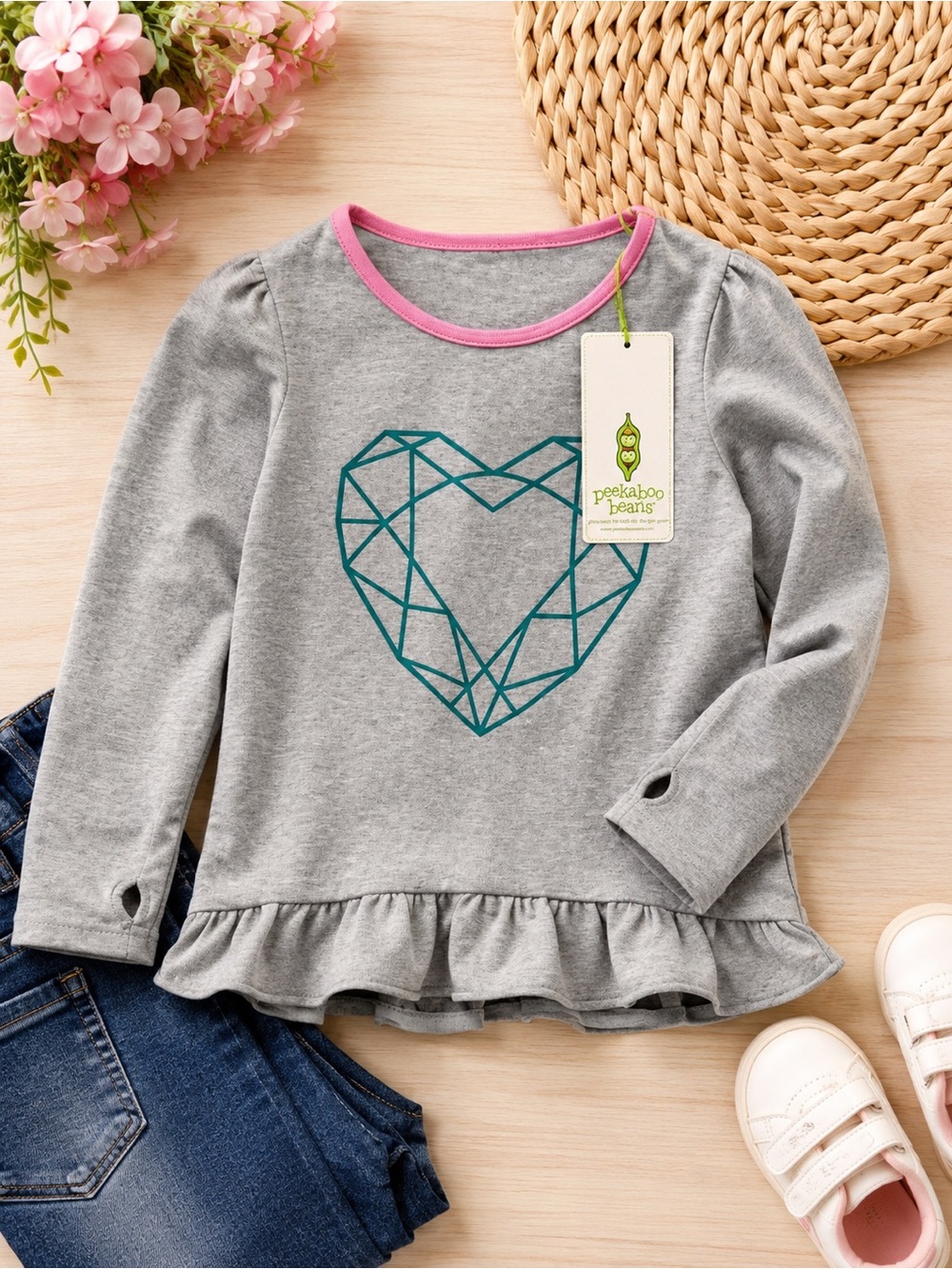 NWT Peekaboo Beans Girls Gray Ruffle Hem Heart Top Size 10
